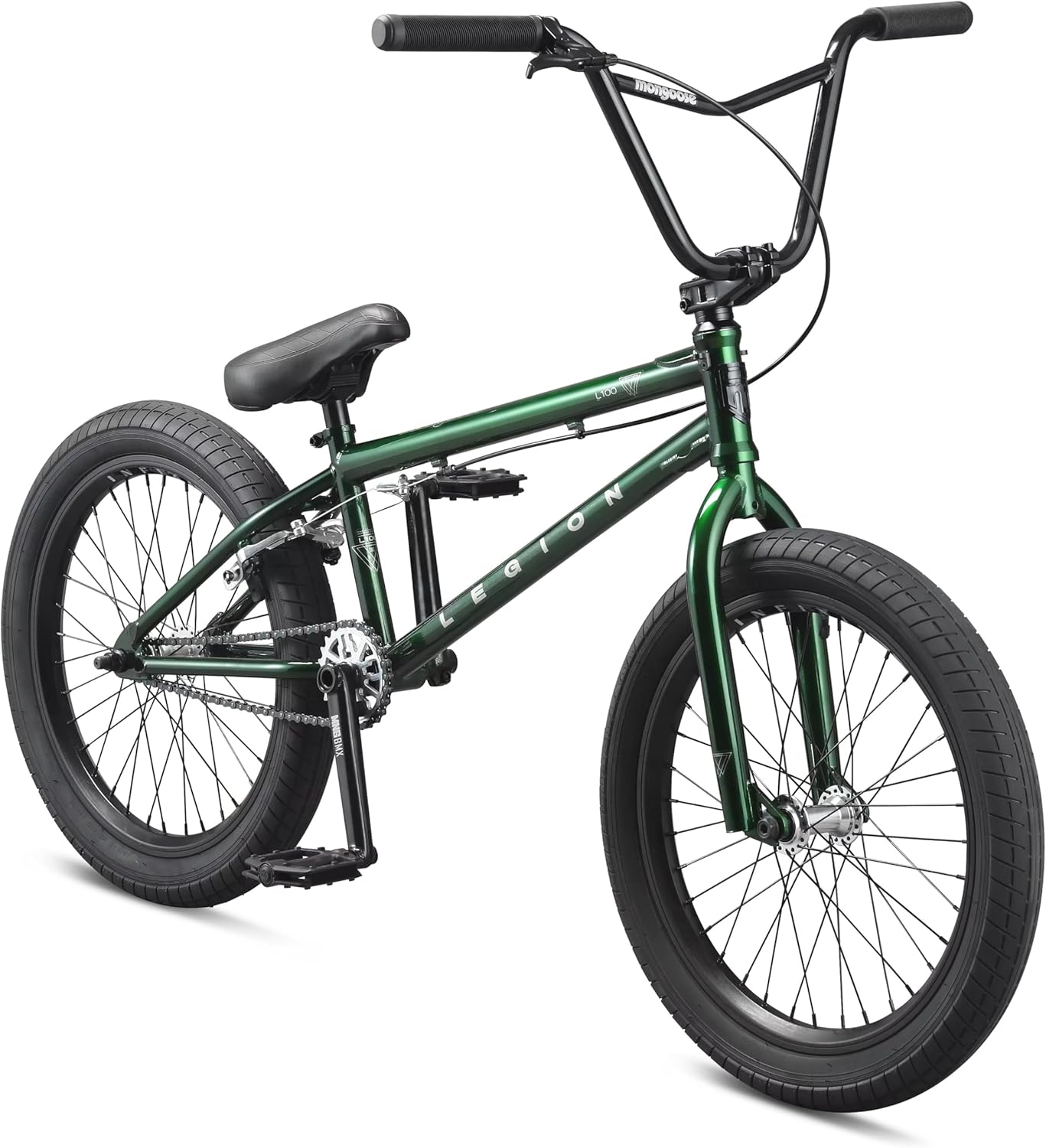 Advanced Mongoose Legion Freestyle BMX bike with 20-inch wheels, designed for professional riders, featuring a sturdy chromoly frame