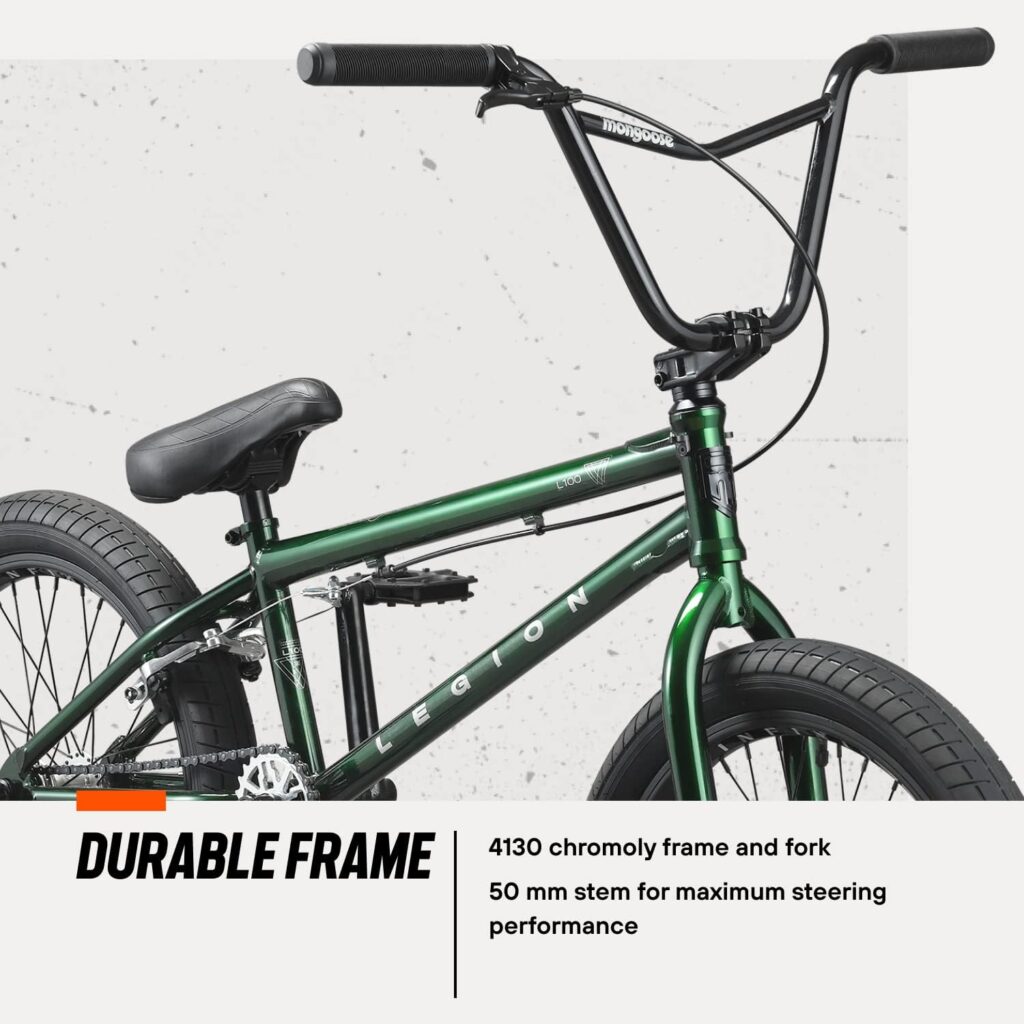 Advanced Mongoose Legion Freestyle BMX Bike with 20-inch wheels, built for tricks and stunts, featuring a durable frame and sleek design
