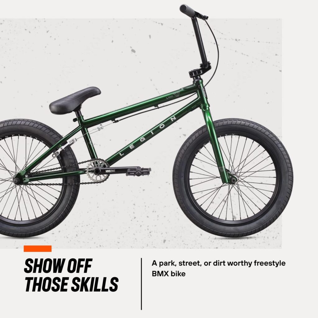 Advanced Mongoose Legion Freestyle BMX Bike with 20-inch wheels, engineered for advanced riders, featuring a strong frame and performance-focused design