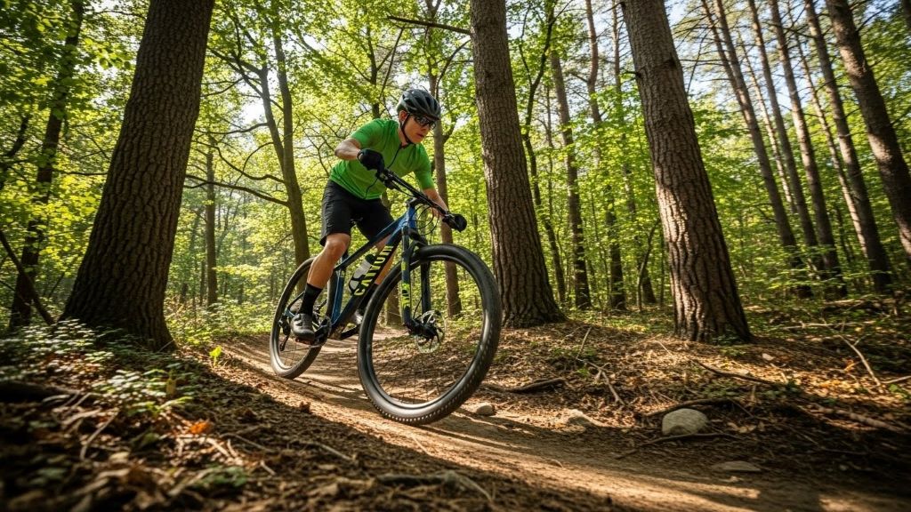 Beginner cyclist riding Canyon mountain bike on forest trail demonstrating versatile performance capabilities