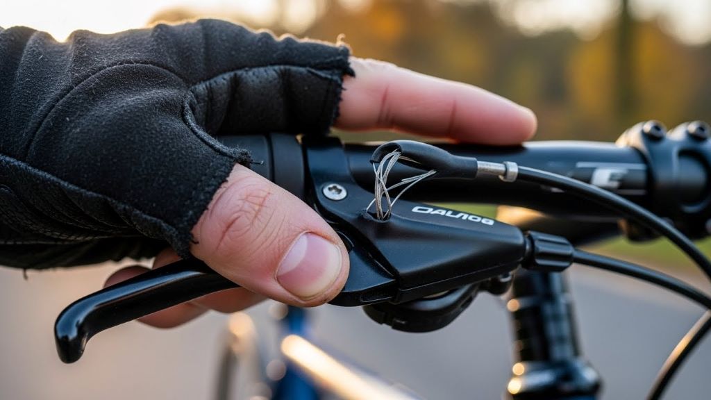 Cyclist's hand squeezing bike brake lever demonstrating symptoms of internal cable fraying and resistance