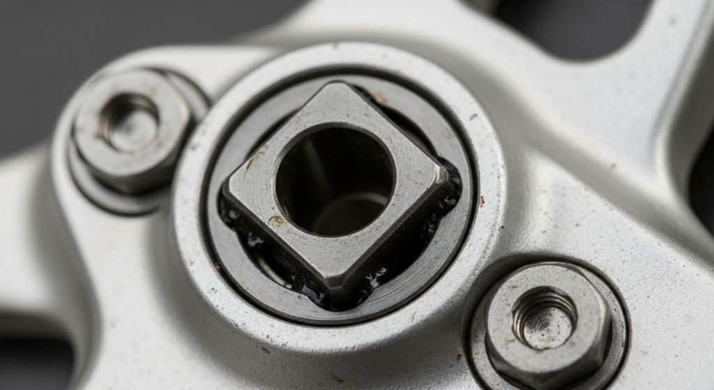 Close-up of bike crank interface showing square taper spindle and crank arm connection point