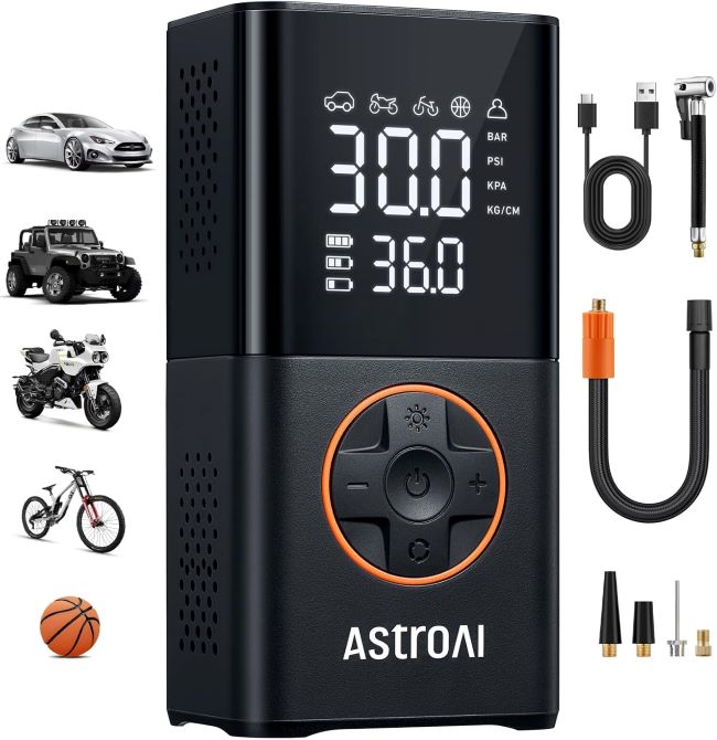 AstroAI L7 cordless mini tire inflator with digital display and LED light, 150 PSI car and bike pump