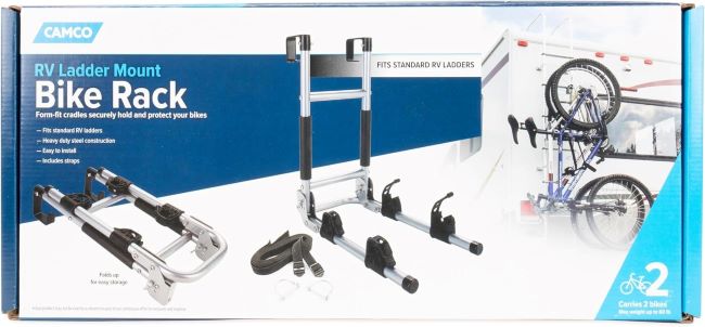 Camco RV ladder mount bike rack, heavy-duty steel, holds 2 bikes, foldable design for RV storage