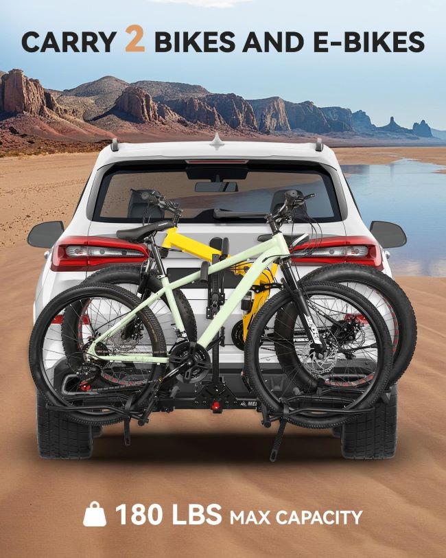 Meeviz 2-bike hitch rack with lock, 180lb capacity platform carrier for fat tire and electric bikes