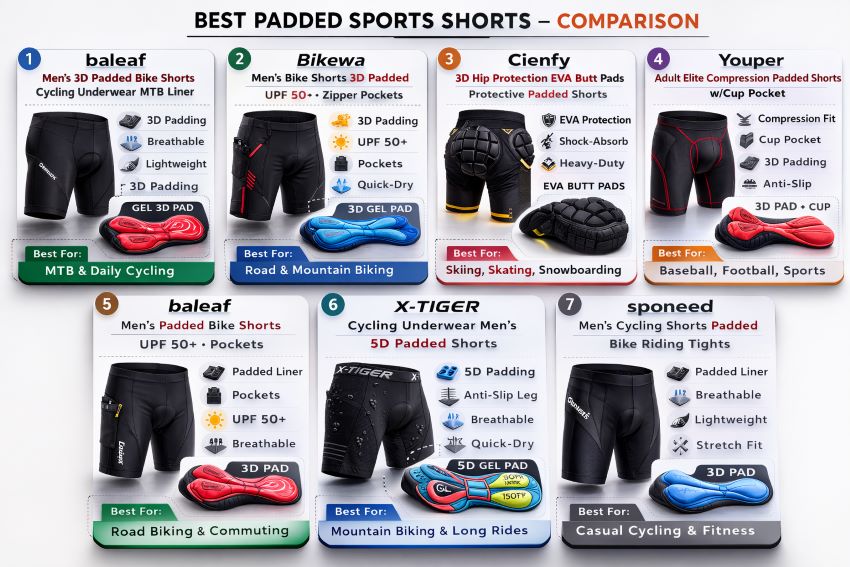 Assorted affordable men’s padded cycling shorts showing breathable and protective designs in a 2026 comparison review