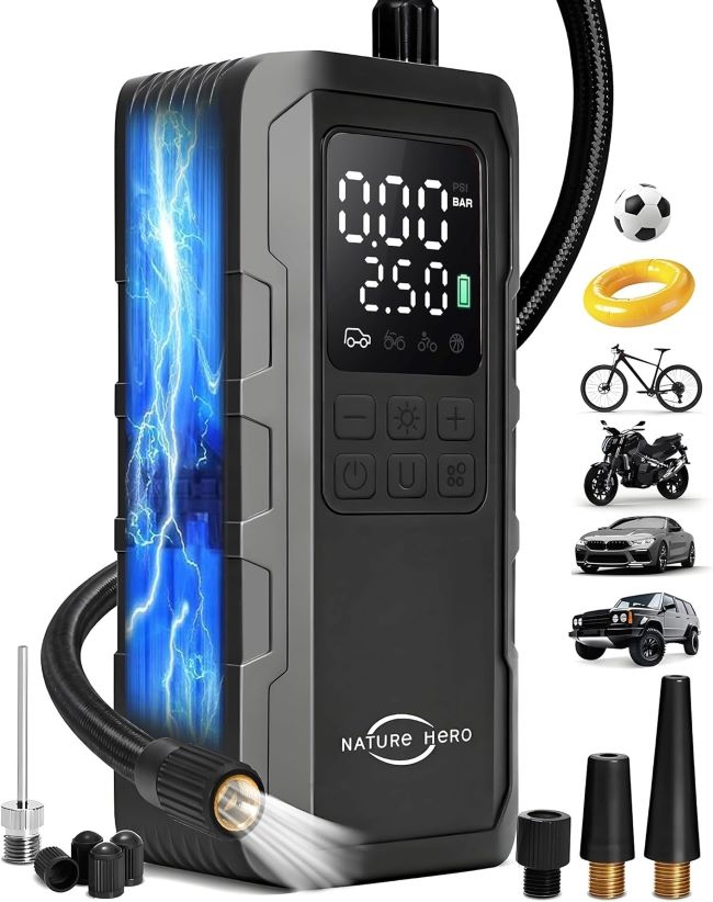 NATURE HERO 150 PSI cordless portable tire pump fast inflation with LED and pressure gauge