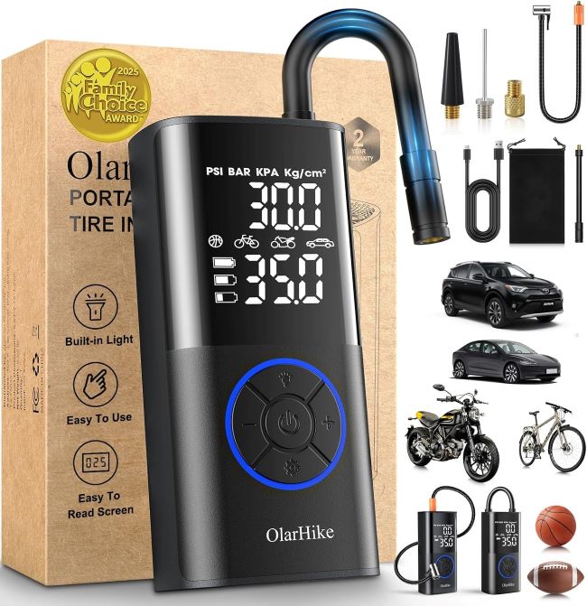 OlarHike dual hose portable air compressor 160 PSI with digital gauge and LED light