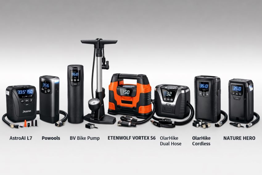 Budget portable tire inflators lineup for car and bike tires with digital gauges and cordless designs