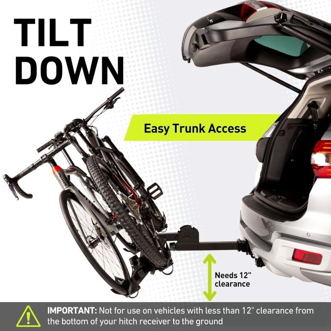 Vibrelli electric bike hitch rack, 2-bike platform with anti-wobble, tilt down and fold up design