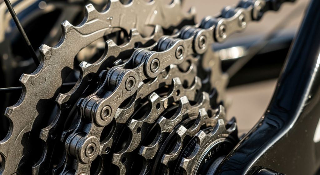 Close-up of a clean and lubricated bicycle chain on a velo bike drivetrain