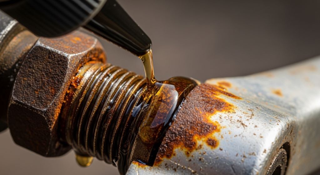 Close-up of penetrating oil being applied to a corroded bike pedal axle and crank thread