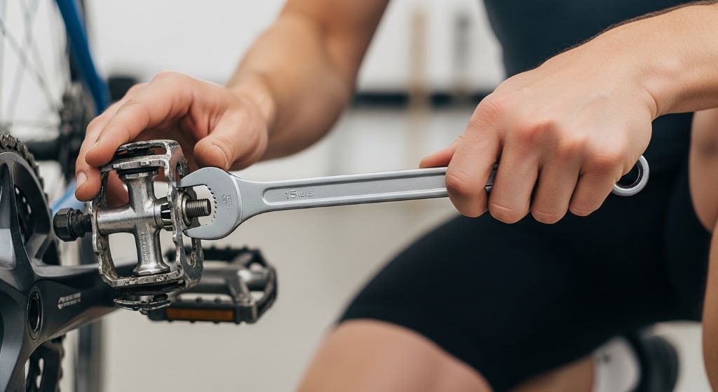 Cyclist using a 15mm pedal wrench to remove a stuck bike pedal from a crank arm