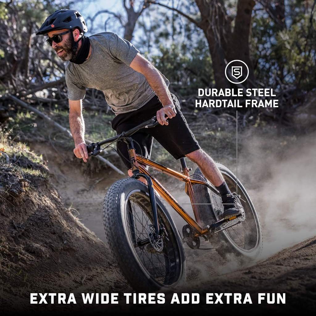 Mongoose Argus Trail fat tire mountain bike on dirt path