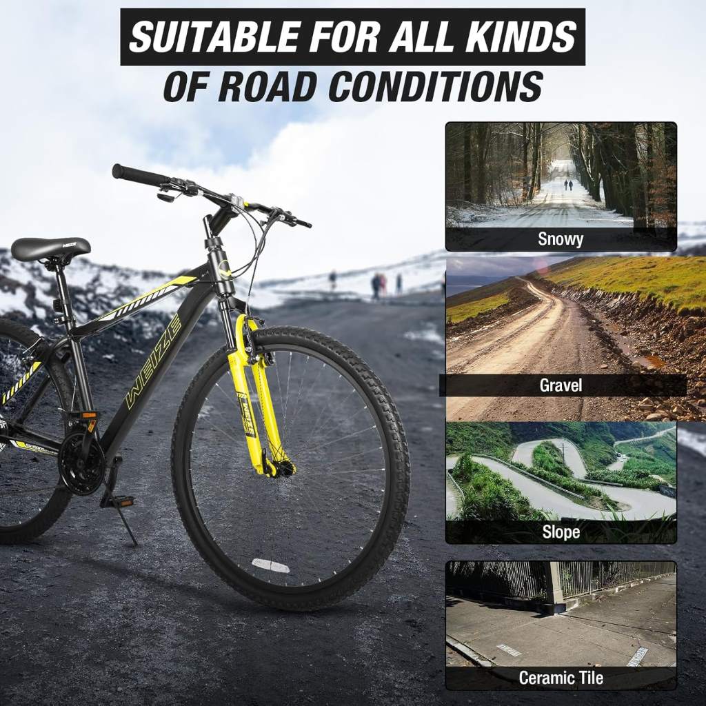 WEIZE hardtail mountain bike with 29 inch wheels on dirt trail