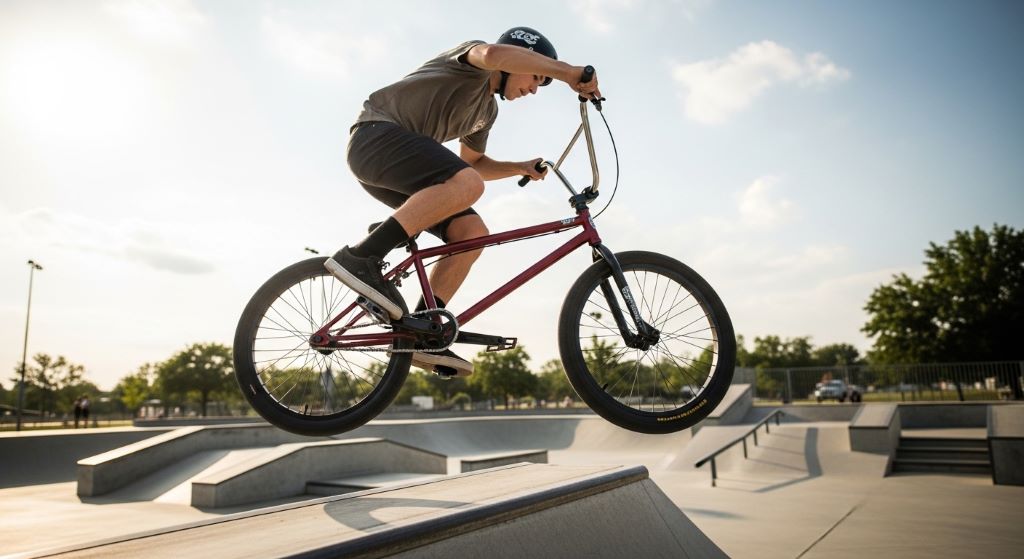 A BMX rider performing a trick on a well-maintained bike with sealed bearing wheels and double-walled rims