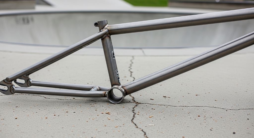 A close-up of a chromoly BMX bike frame showing strong welds and clean geometry on a skate park surface