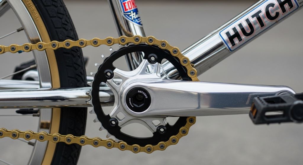 Close-up of upgraded BMX drivetrain with modern crankset and chain on a classic Hutch frame