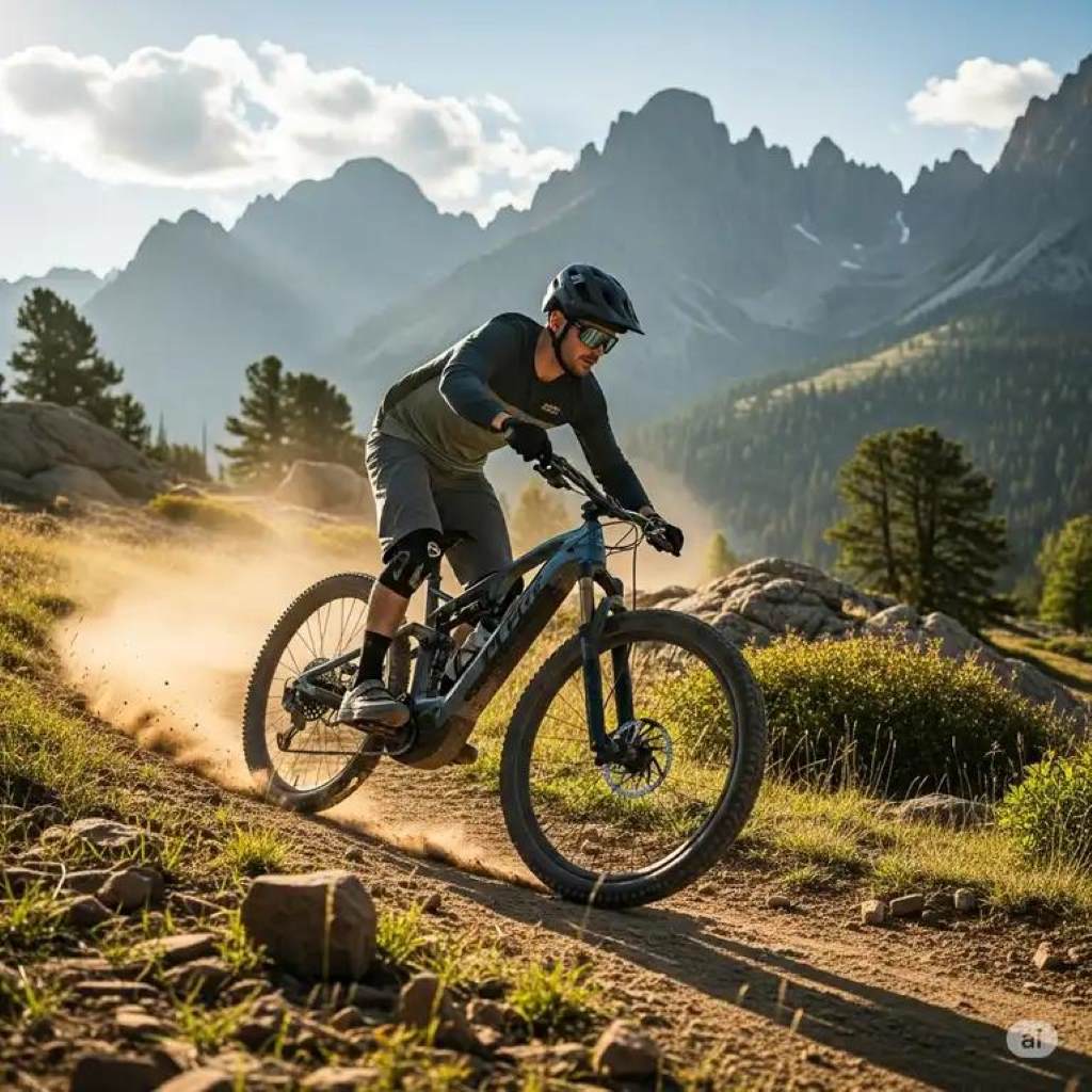 Mountain biking down hill descending fast on bicycle