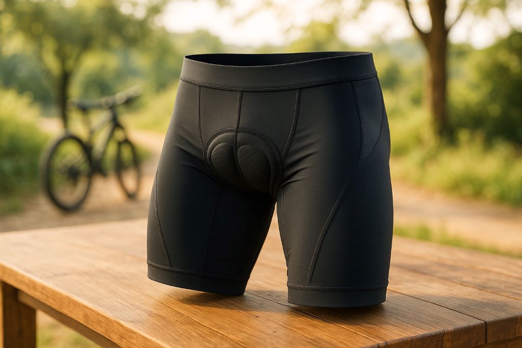 Cyclist adjusting padded bike shorts before starting an endurance ride
