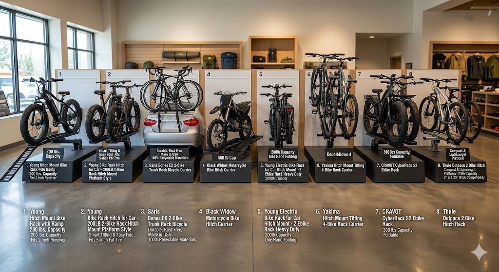 Hitch-mounted bike carrier transporting fat tire and electric bikes safely on a vehicle, ideal for Florida road trips and outdoor adventures