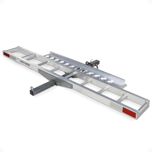 Black Widow Motorcycle and bike hitch carrier with loading ramp, heavy-duty steel construction, and 400 lb weight capacity