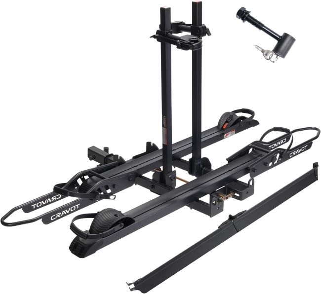 CRAVOT CyberRack S2 e-bike rack with 300 lb capacity, foldable platform design, and support for two heavy electric bikes with fat tires