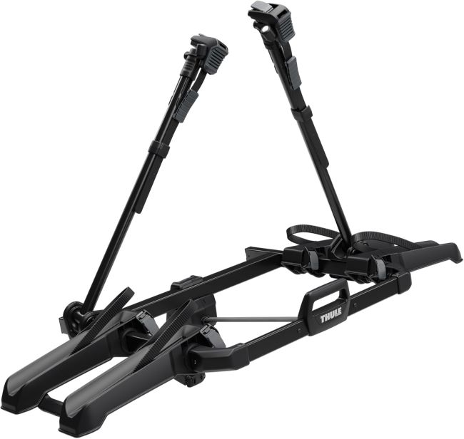 Thule Outpace 2 Bike Hitch Rack with lightweight foldable platform, carrying two bicycles and compatible with 1.25-inch and 2-inch hitches