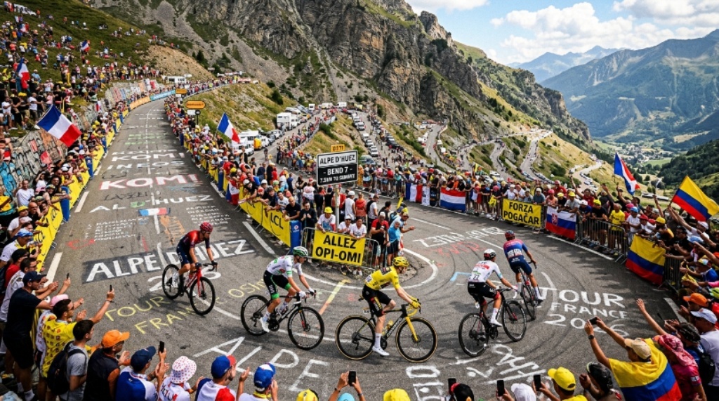 Cyclists racing up the iconic 21 hairpin bends of Alpe d'Huez during the Tour de France 2026