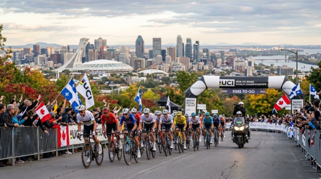 Elite riders racing the Mont Royal circuit at the 2026 UCI Road World Championships with the Montréal skyline in the background