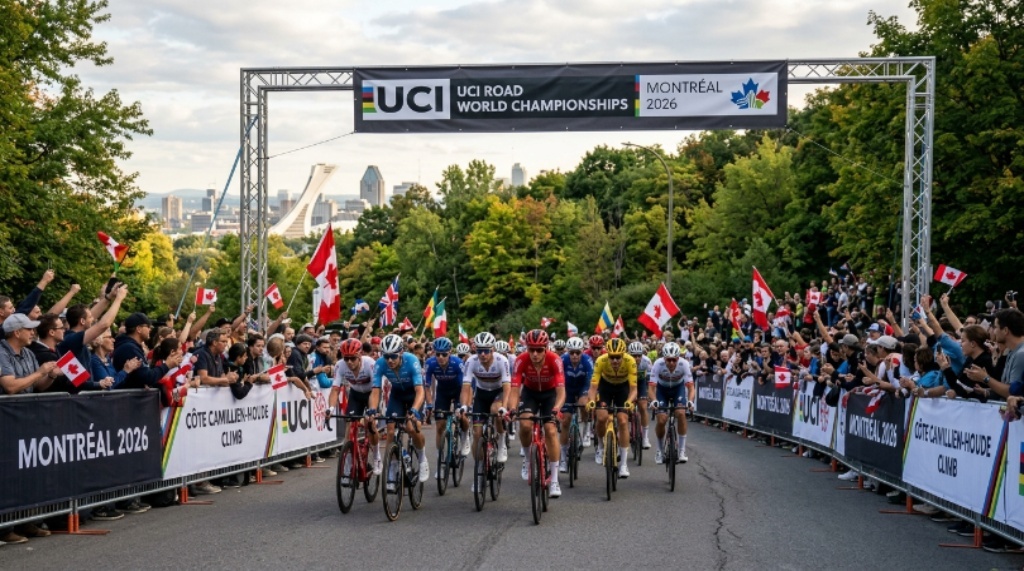 Cyclists climbing the Côte Camillien-Houde during the UCI Road World Championships 2026 in Montréal, Canada