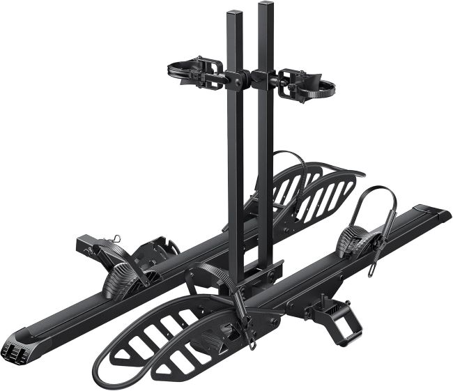 Young Electric Bike Rack for car hitch carrying two e-bikes, featuring 200 lb capacity, one-hand folding design, and fat tire support