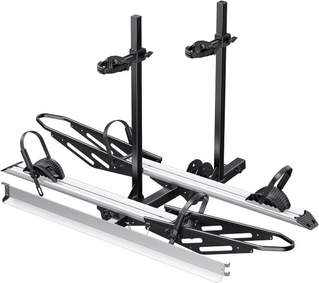 Young Hitch Mount Bike Rack with ramp carrying two e-bikes, featuring 200 lb capacity, fat tire compatibility, and 2-inch receiver fitment