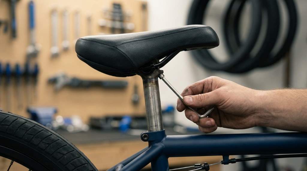 A BMX rider adjusting the seat angle with a hex wrench