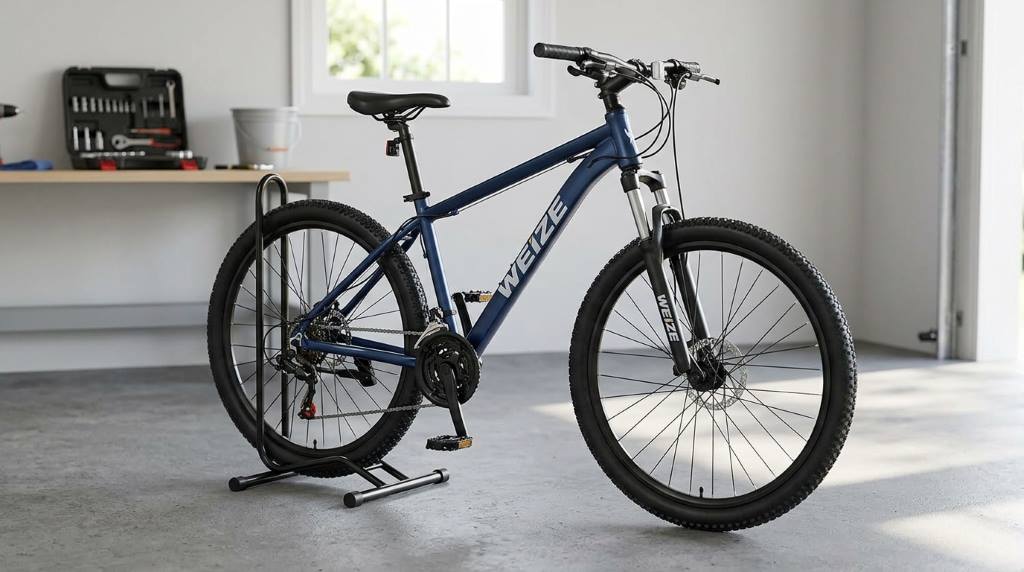 A WEIZE mountain bike stored indoors during the monsoon season
