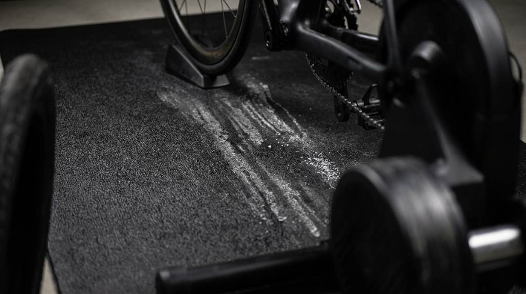 A bike trainer mat hanging to dry in a well-ventilated room