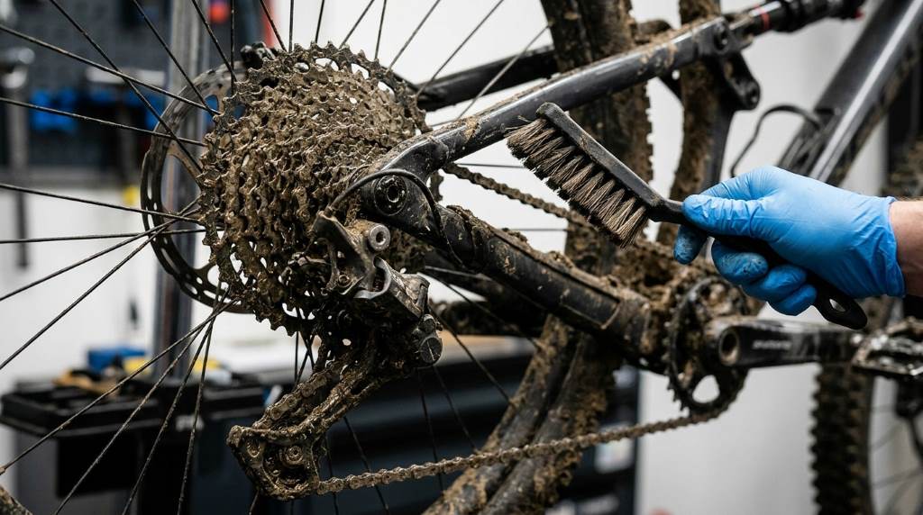 A clean and well maintained mountain bike drivetrain with a shiny chain