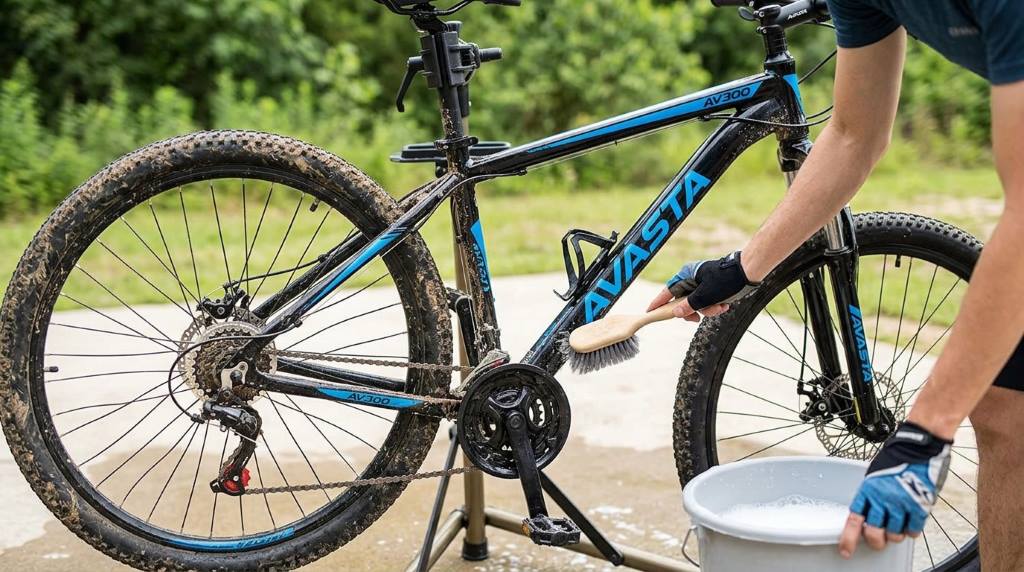 A person cleaning the drivetrain of an AVASTA AV300 Mountain Bike 26 27.5 inch