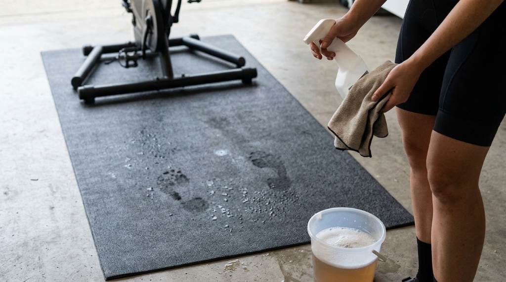 A person wiping down a bike trainer mat with a damp cloth after a workout