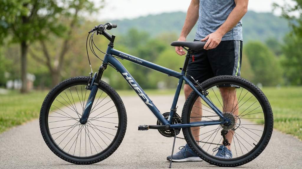 Adjusting the seat height on a Huffy Stone Mountain Bike for optimal comfort