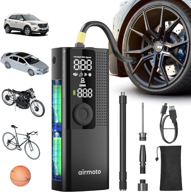 Airmoto portable tire inflator with digital pressure gauge, LED light, and auto shut-off for cars, bikes, and motorcycles