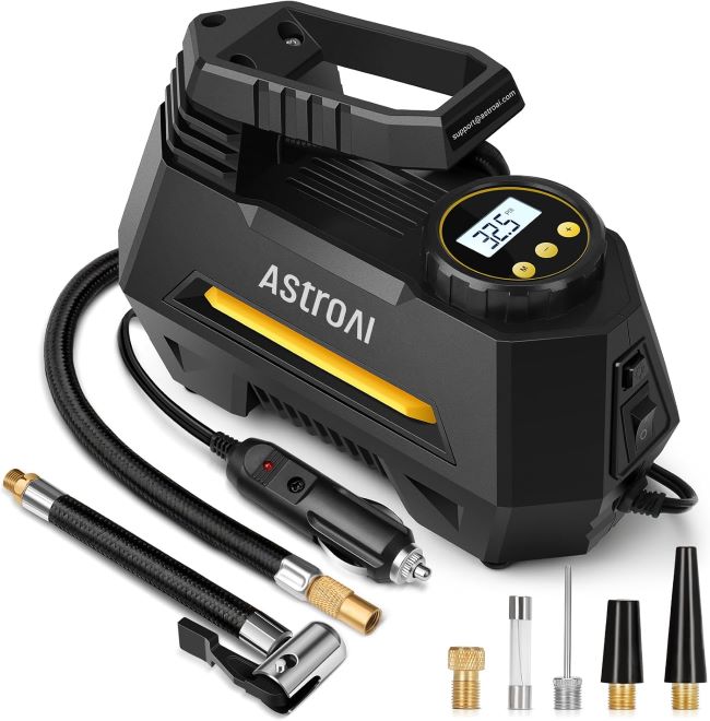 AstroAI AIRUN H 12V tire inflator with digital gauge and LED light, designed for fast inflation of bikes, cars, and motorcycles