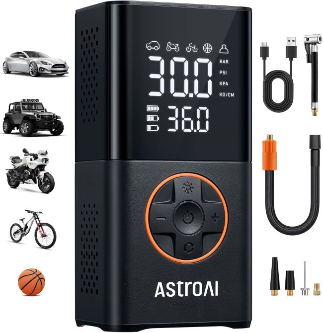 AstroAI L7 portable tire inflator with digital PSI display, cordless air compressor designed for bikes, cars, motorcycles, and sports equipment