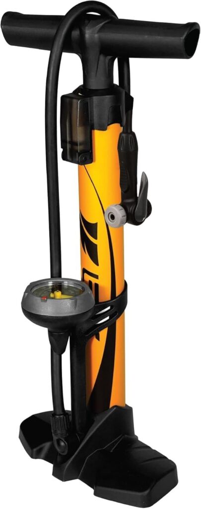 BV bicycle floor pump with smart valve head and up to 160 PSI capacity, compatible with Presta and Schrader valves for all bike types