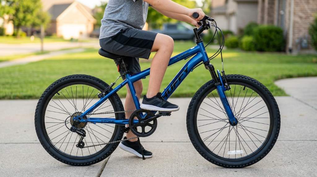 Child riding a Huffy Stone 20-inch mountain bike on a trail
