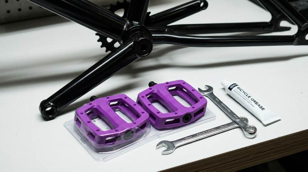 Cleaning and greasing BMX pedal threads for smooth installation