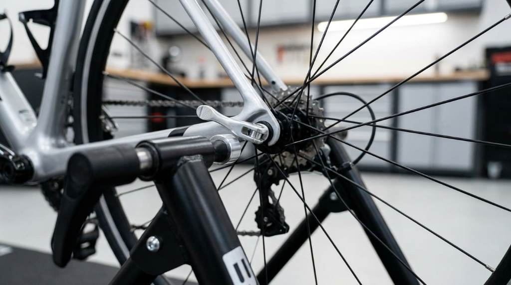 Cyclist attaching bicycle to a modern bike trainer stand in a home gym