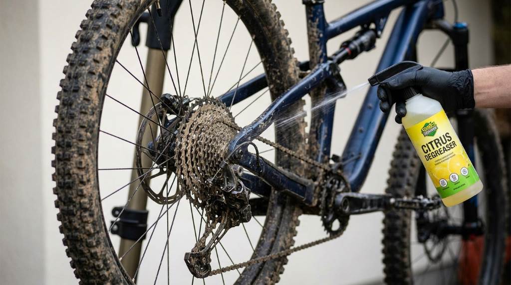 Cyclist cleaning a mountain bike drivetrain with a brush and degreaser