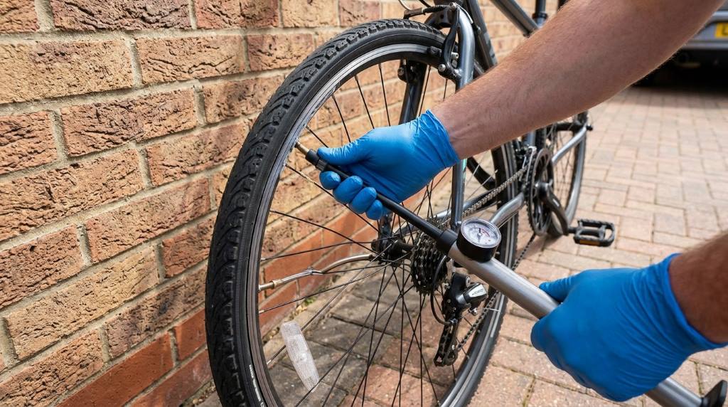 Cyclist safely using a bike tire inflator on a road bicycle