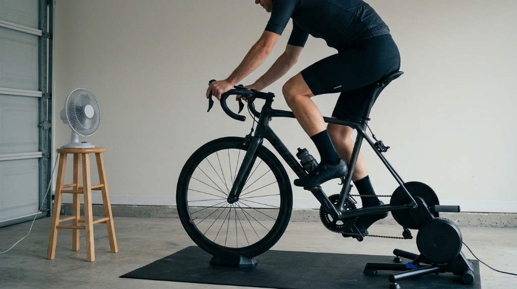 Cyclist using a powerful fan during an indoor bike trainer session